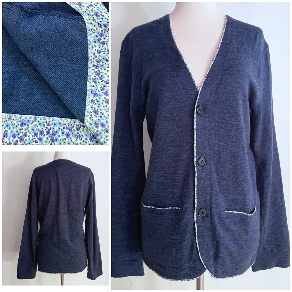 EUC Japanese Brand Ships Jet Blue Silk Floral Trim Navy Blue Unisex Cardigan M‌‍